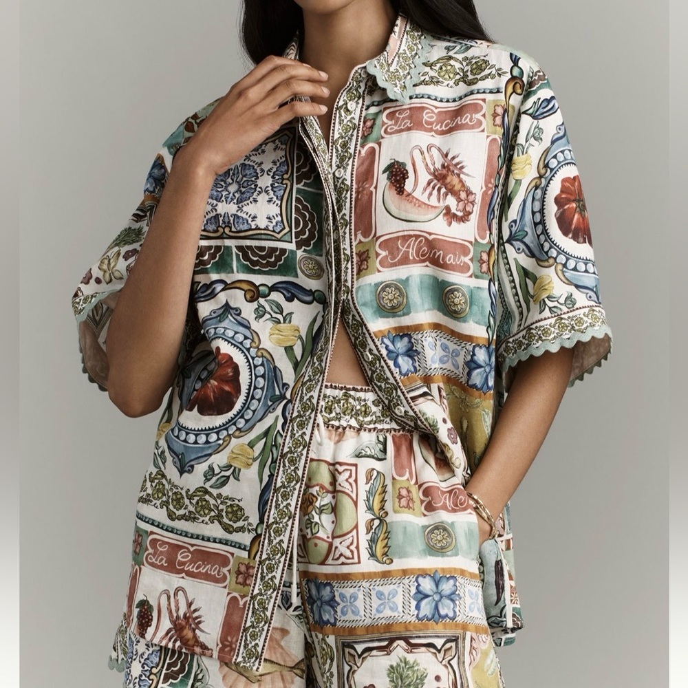NWT Alemais Tommasina Linen Button Down Shirt, ruffle trim multicolor brand NEW